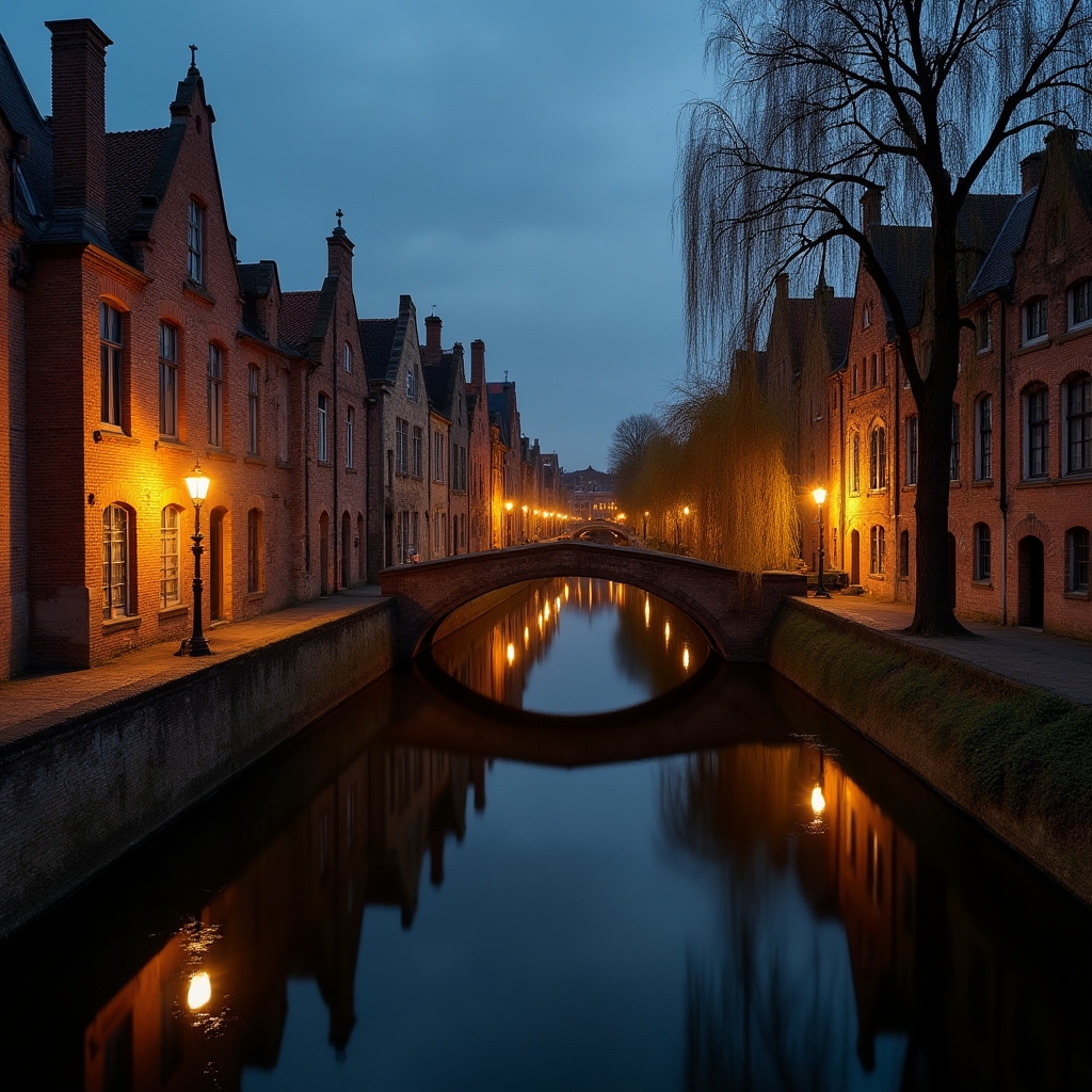 Bruges al crepuscolo con riflessi sui canali