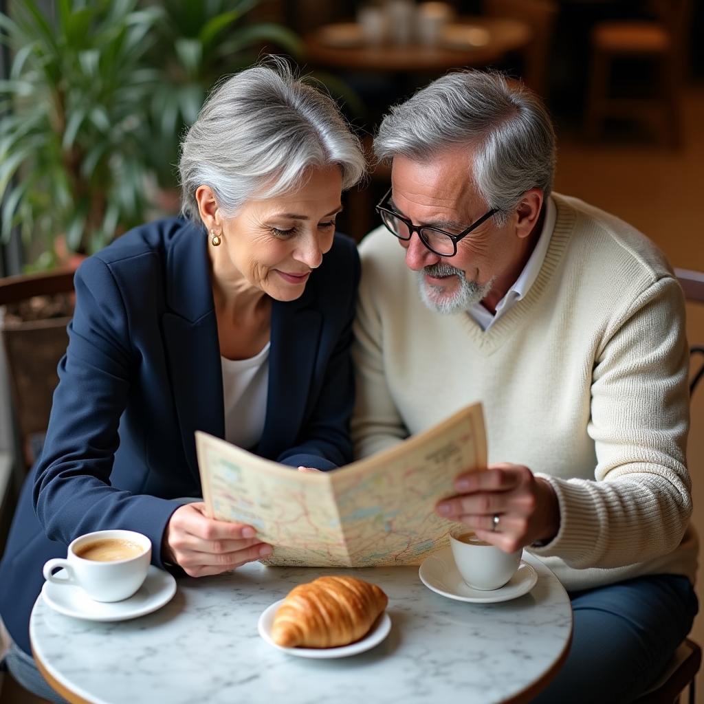 Coppia matura che pianifica un viaggio in un caffè europeo