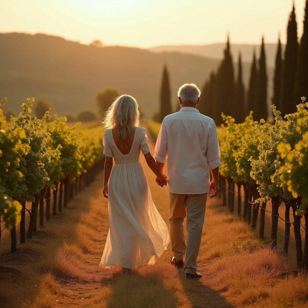 Coppia over 50 tra i filari di viti della Toscana autunnale