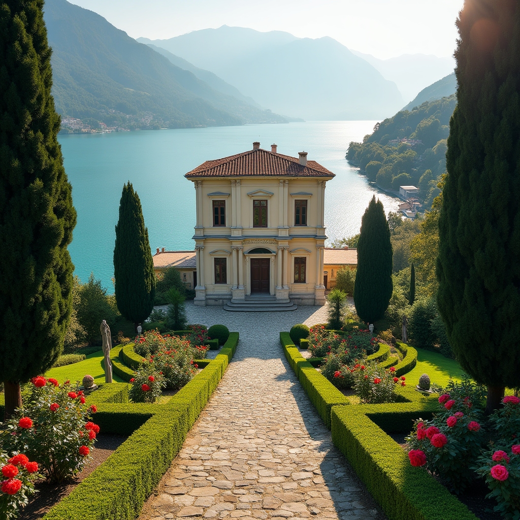 Lago di Como con villa storica e giardino fiorito