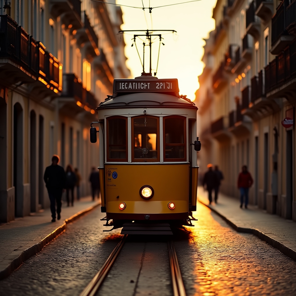 Tramonto su Lisbona con il tram storico in primo piano