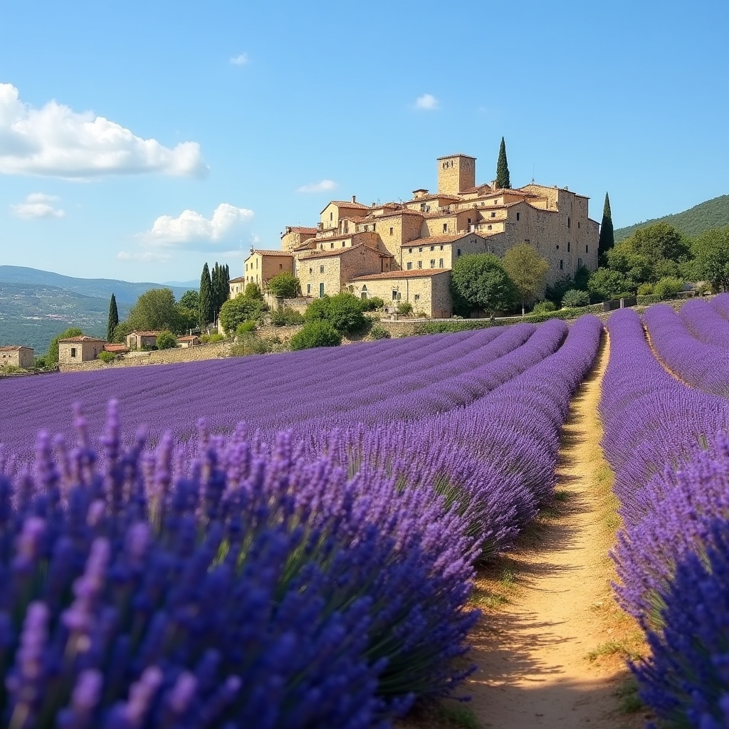 Villaggio provenzale con campi di lavanda in estate